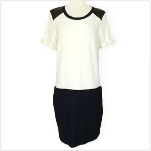 Splendid Black Ivory White Faux Leather Trim Drop Waist Knit T-Shirt Dress M